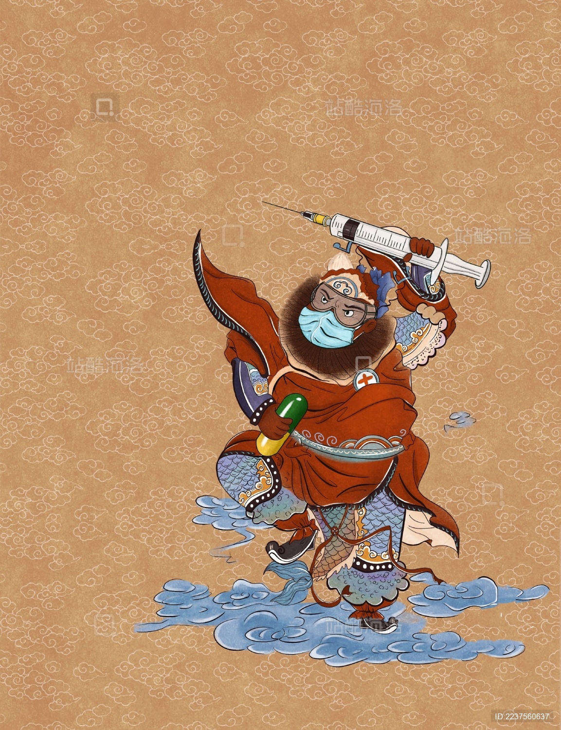 手拿针筒和药丸戴口罩的战疫门神