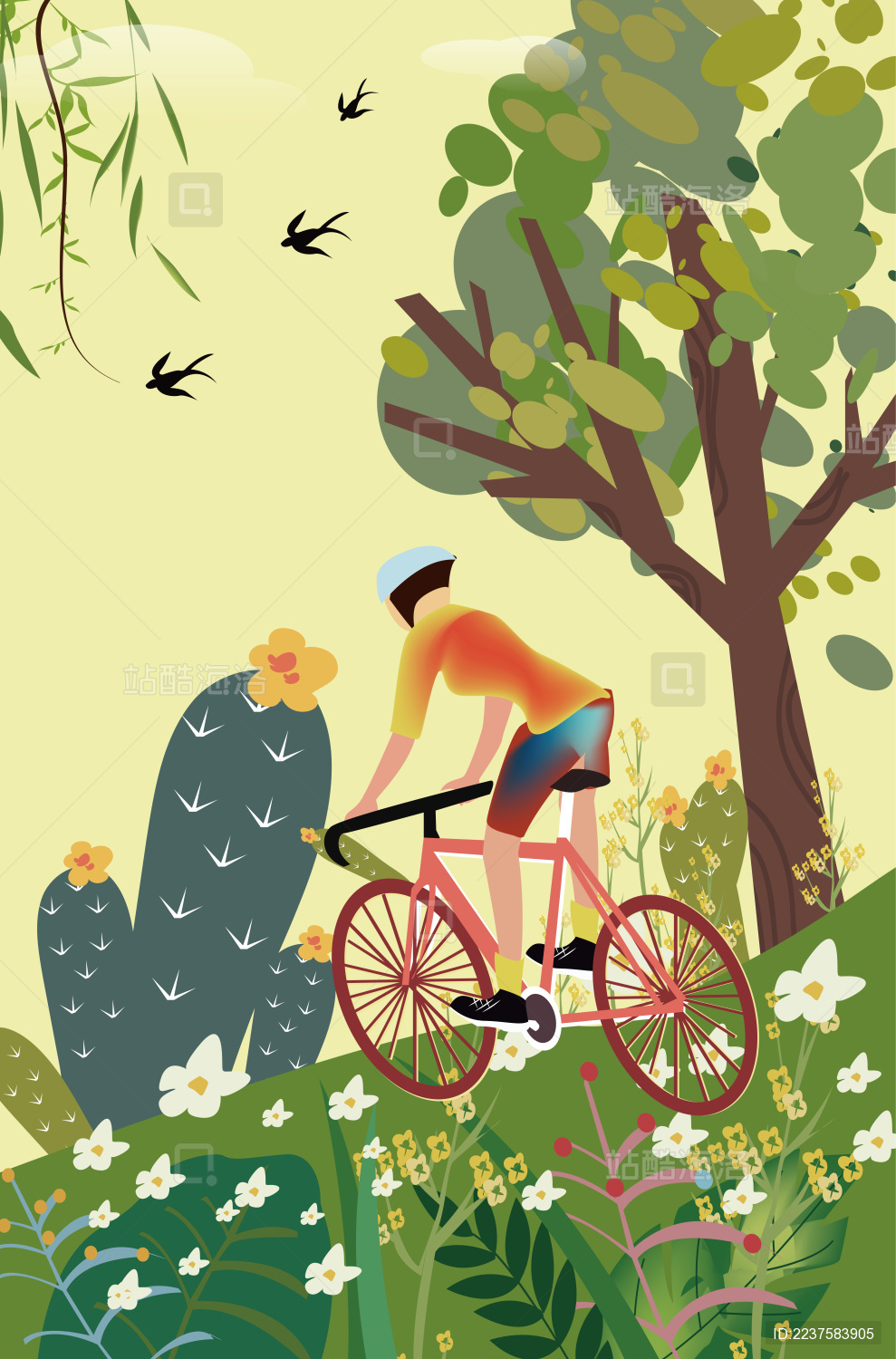 一个人在户外骑车的矢量插画