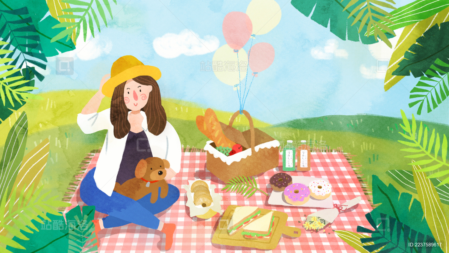 春天女孩带小狗外出草地上野餐郊游