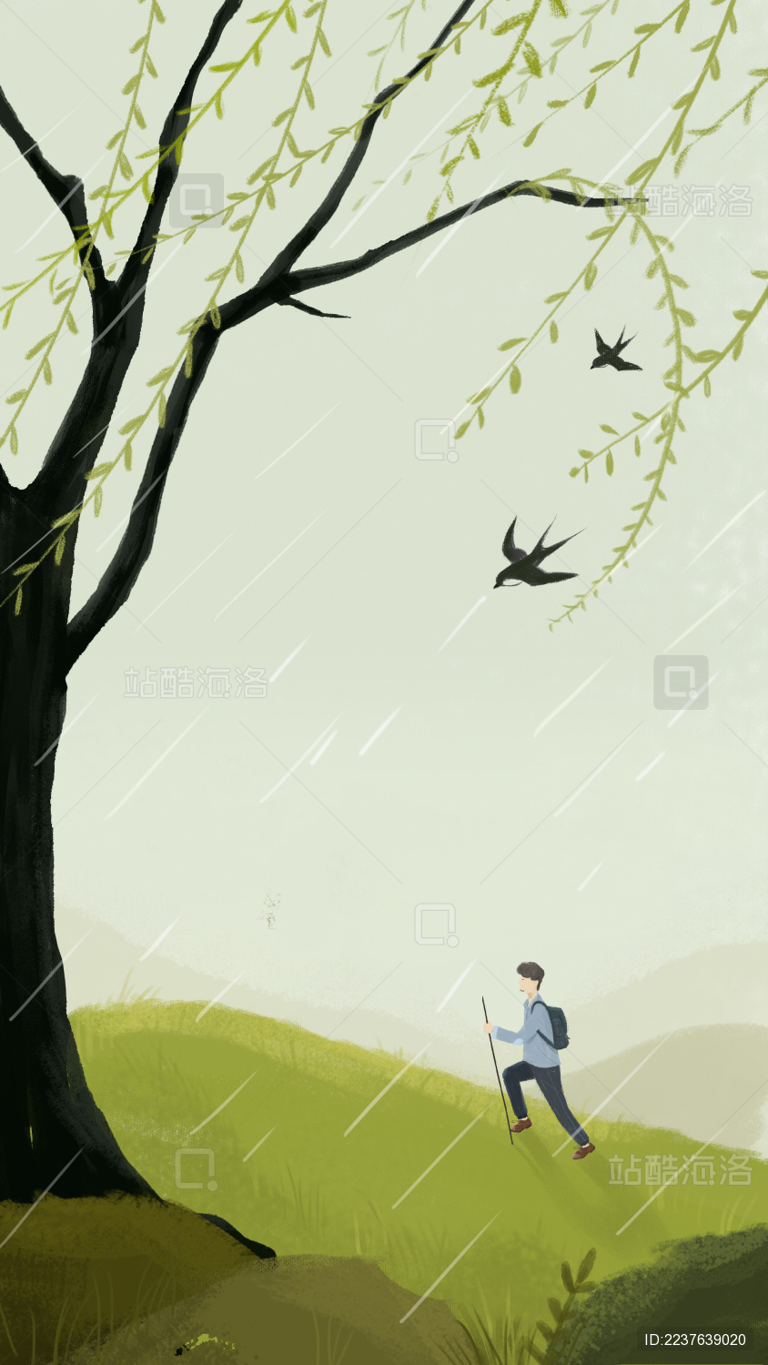 春季燕子低飞男孩登山郊游