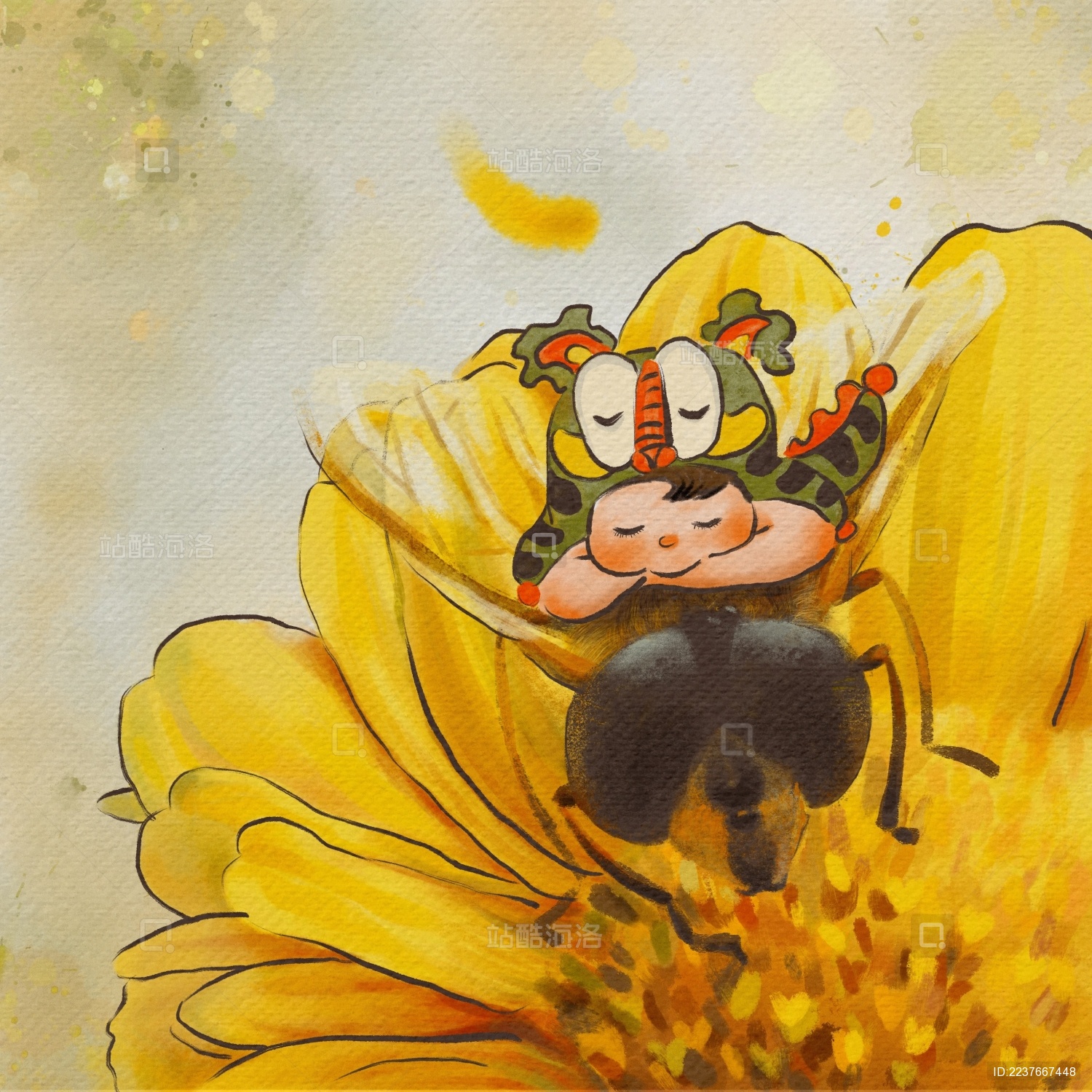 菊花上戴着虎头帽的娃娃趴在蜜蜂身上睡觉