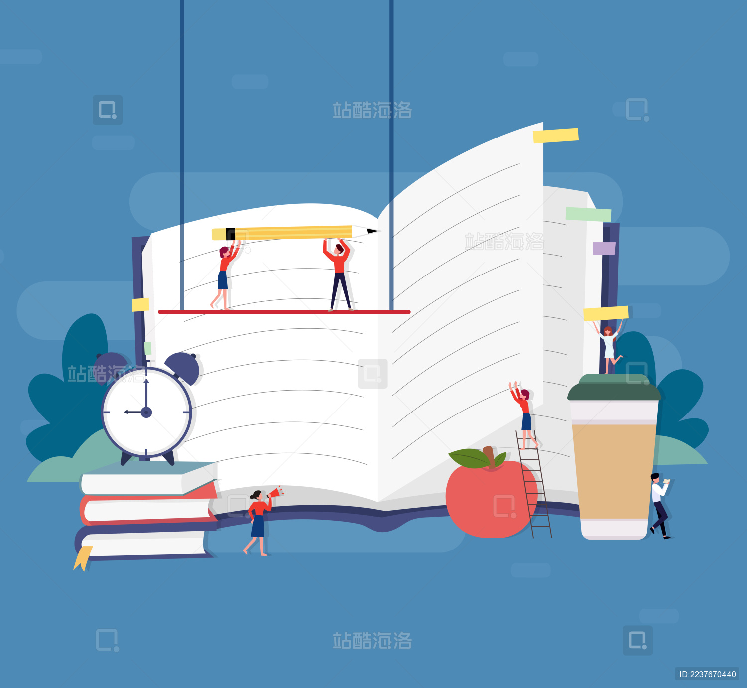 许多小人在打开的书和闹钟苹果上面