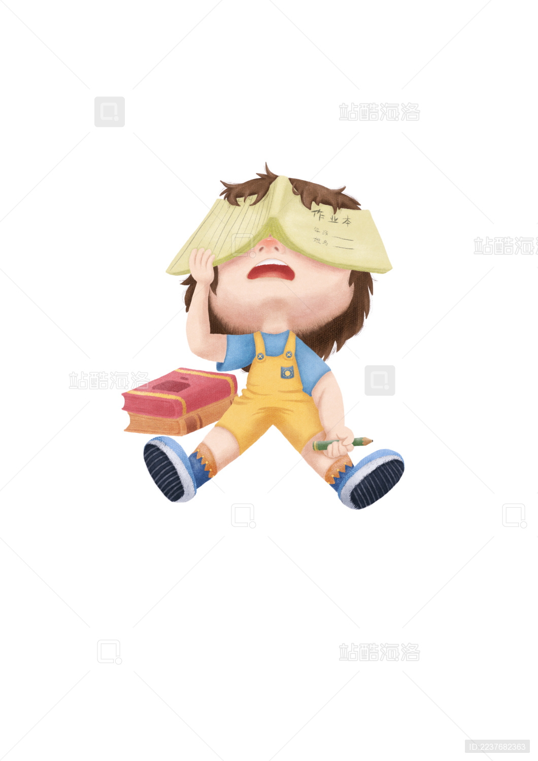 坐在地上握着笔把作业本盖在脸上的男孩