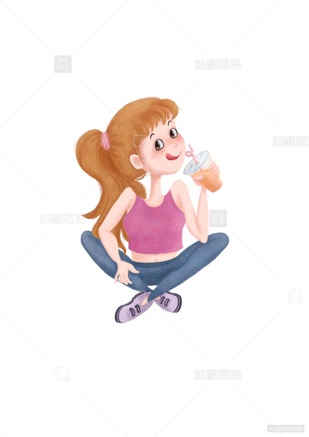 盘腿坐的金发女生拿着饮料舔舌头