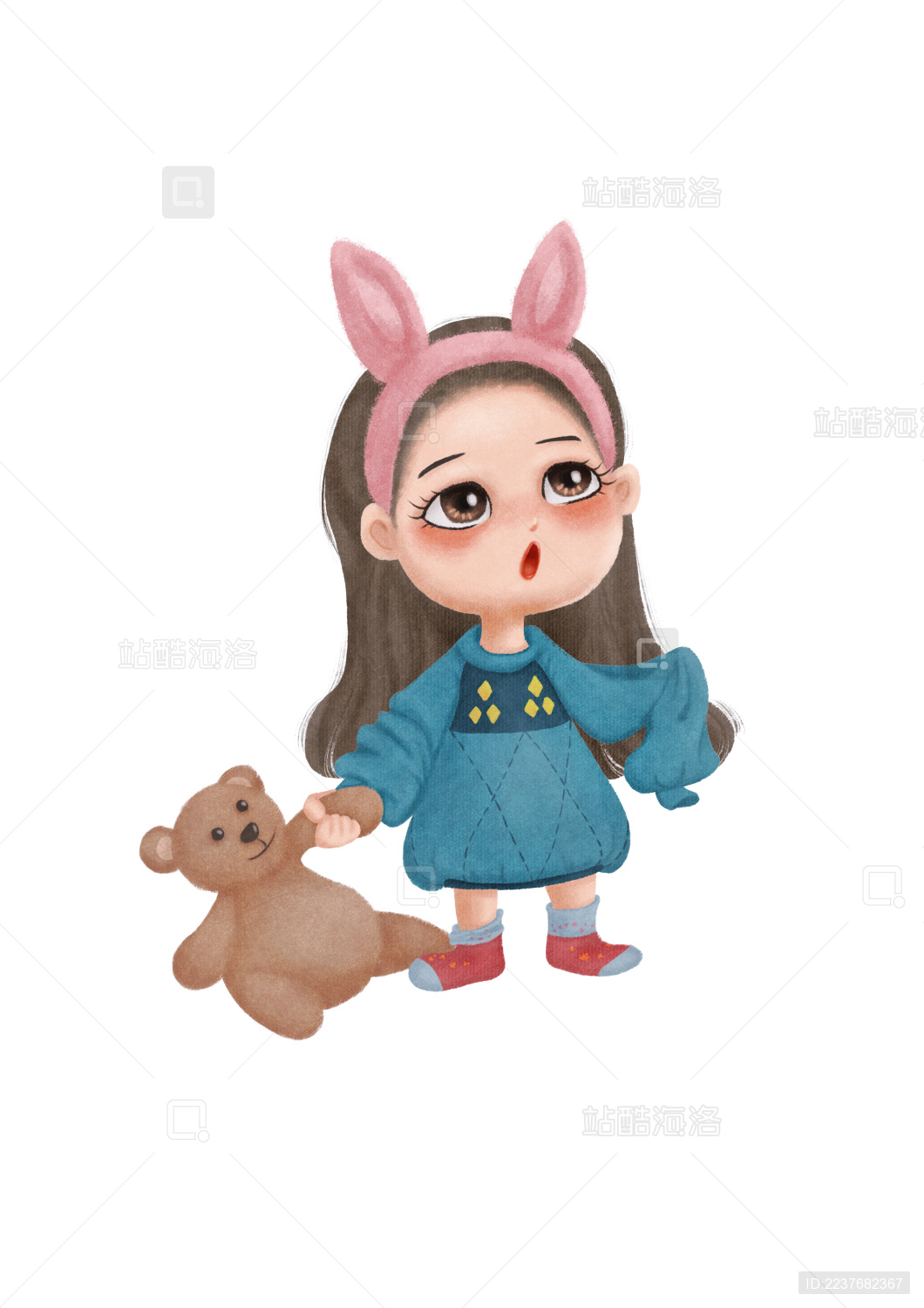 拉着熊玩具的戴兔耳朵发带的小女孩衣袖太长