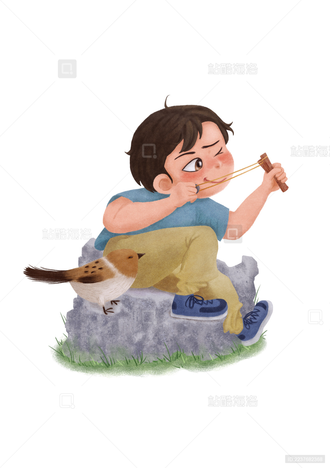 坐在石头上拉弹弓的调皮男孩和一只小麻雀