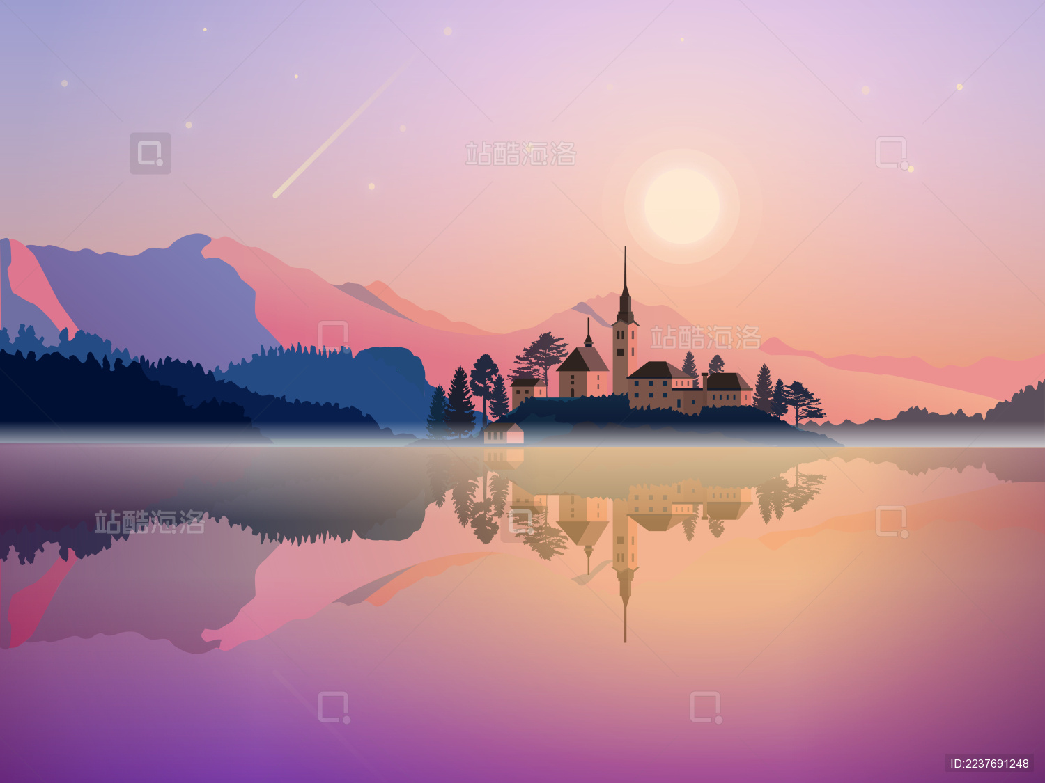 一座在湖中央的美丽的欧式城堡古堡插画
