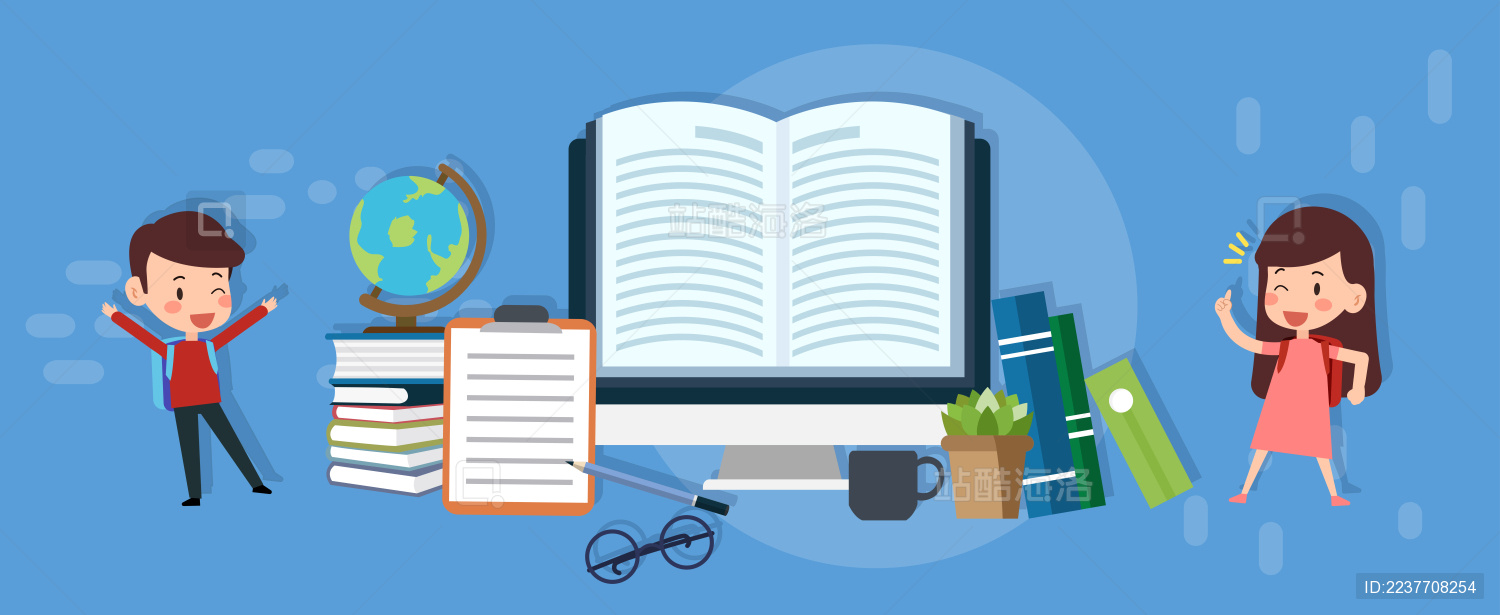 一男孩和一个女孩在书本电脑左右