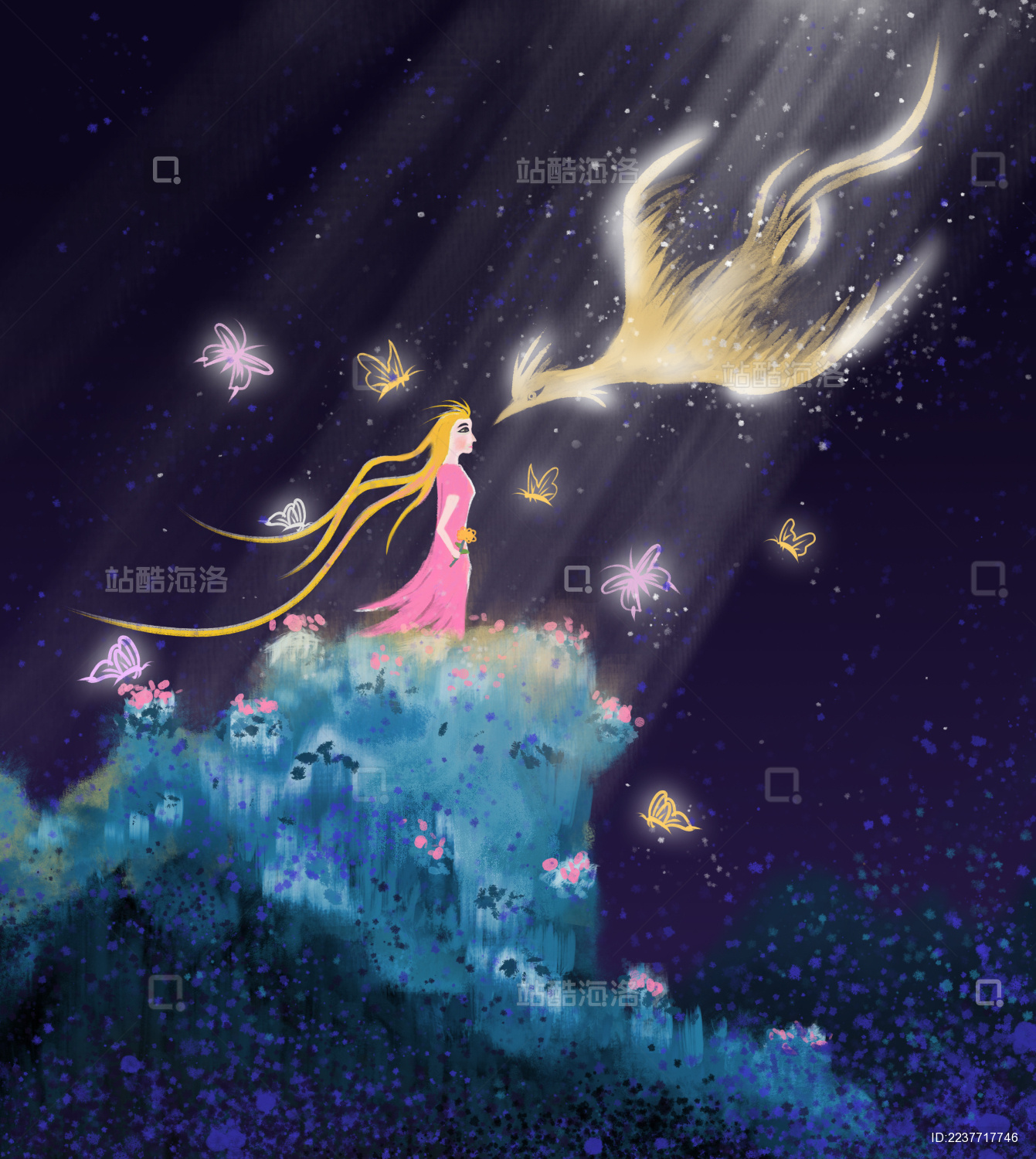 美女吻凤凰卡通故事插画