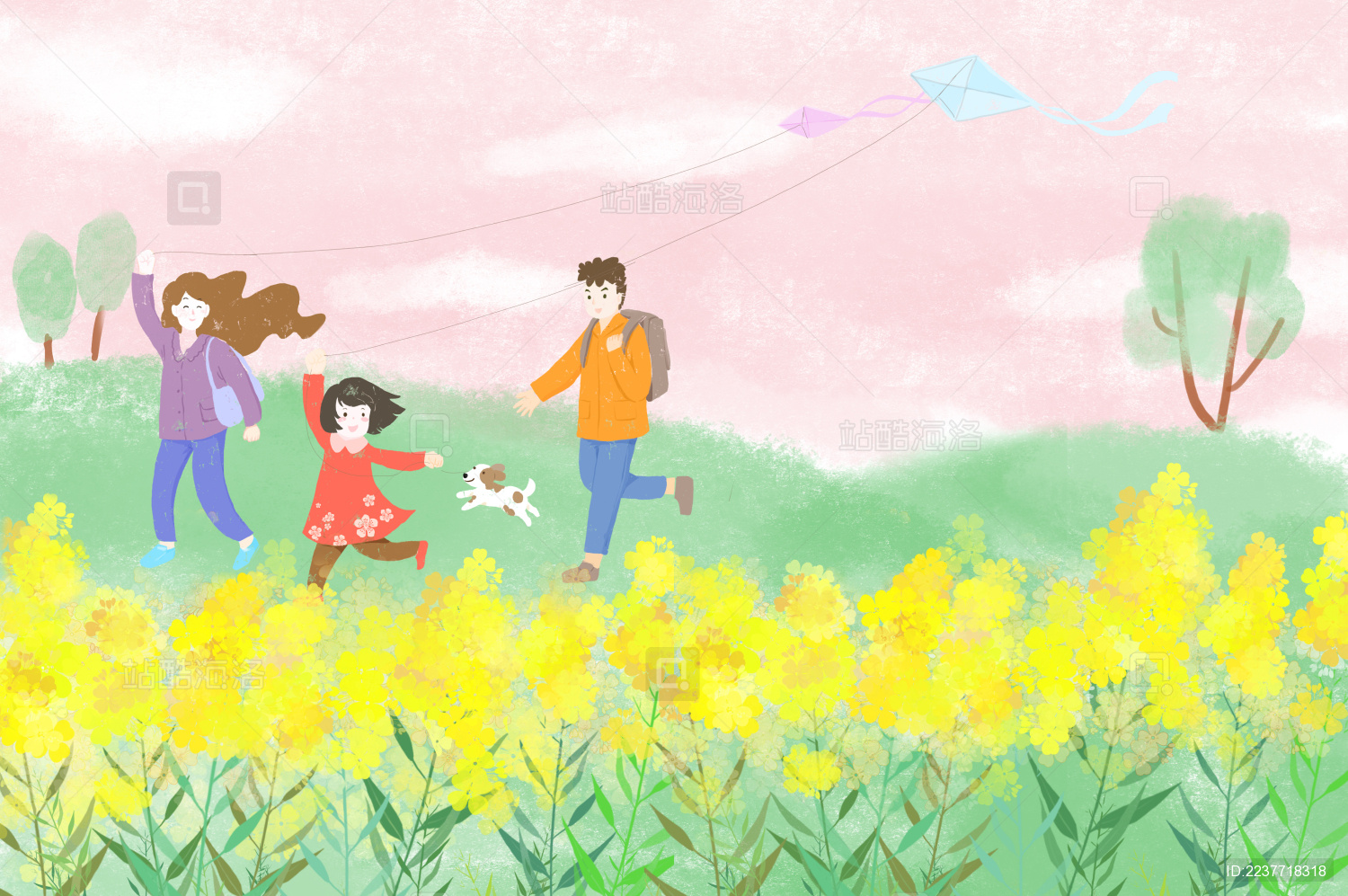 二十四节气春分一家人郊游放风筝横版