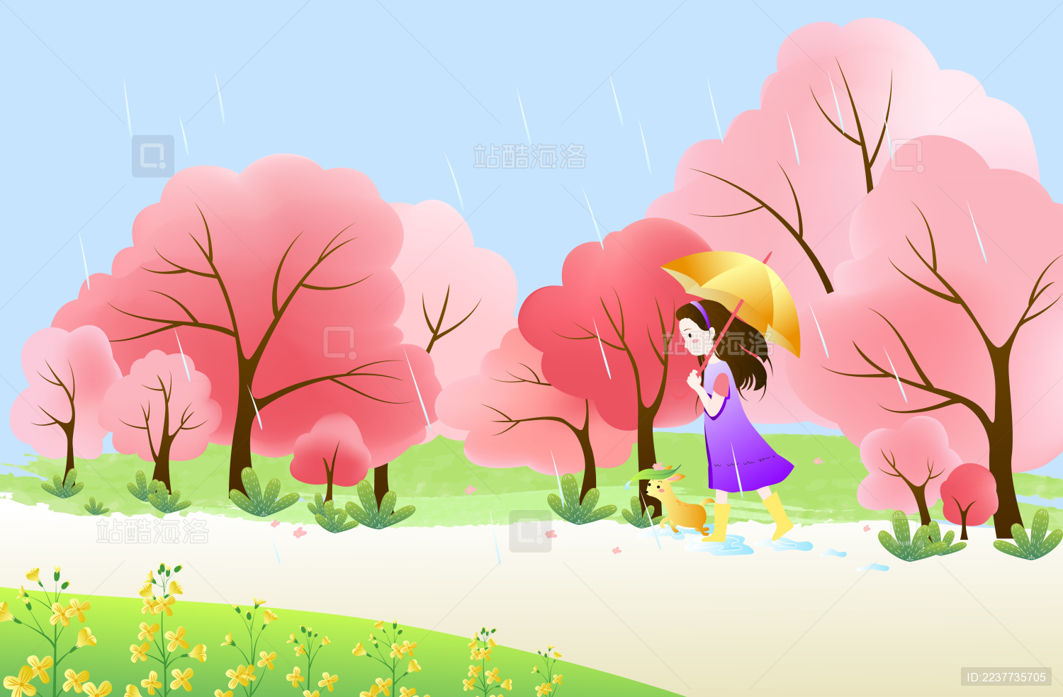 春天樱花盛开雨中打伞的女孩