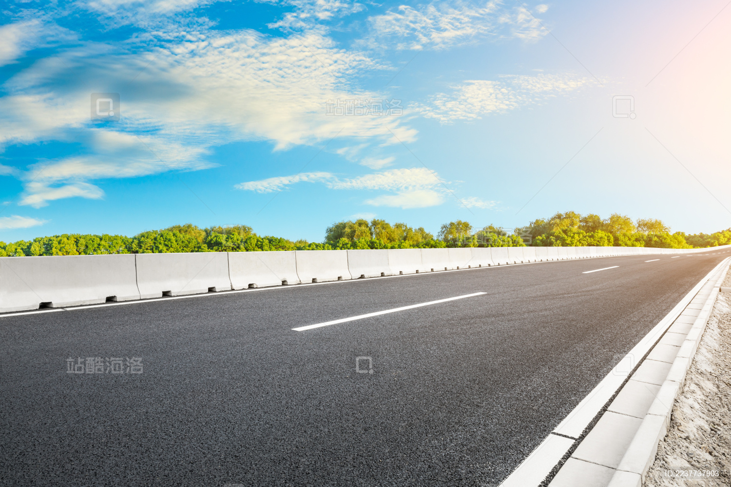 空的沥青道路和绿色树林背景在黄昏