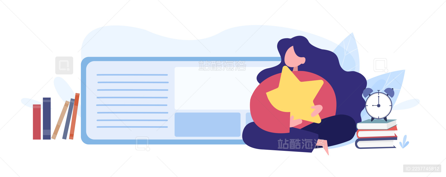 一个女孩抱着星星坐在书本闹钟前面