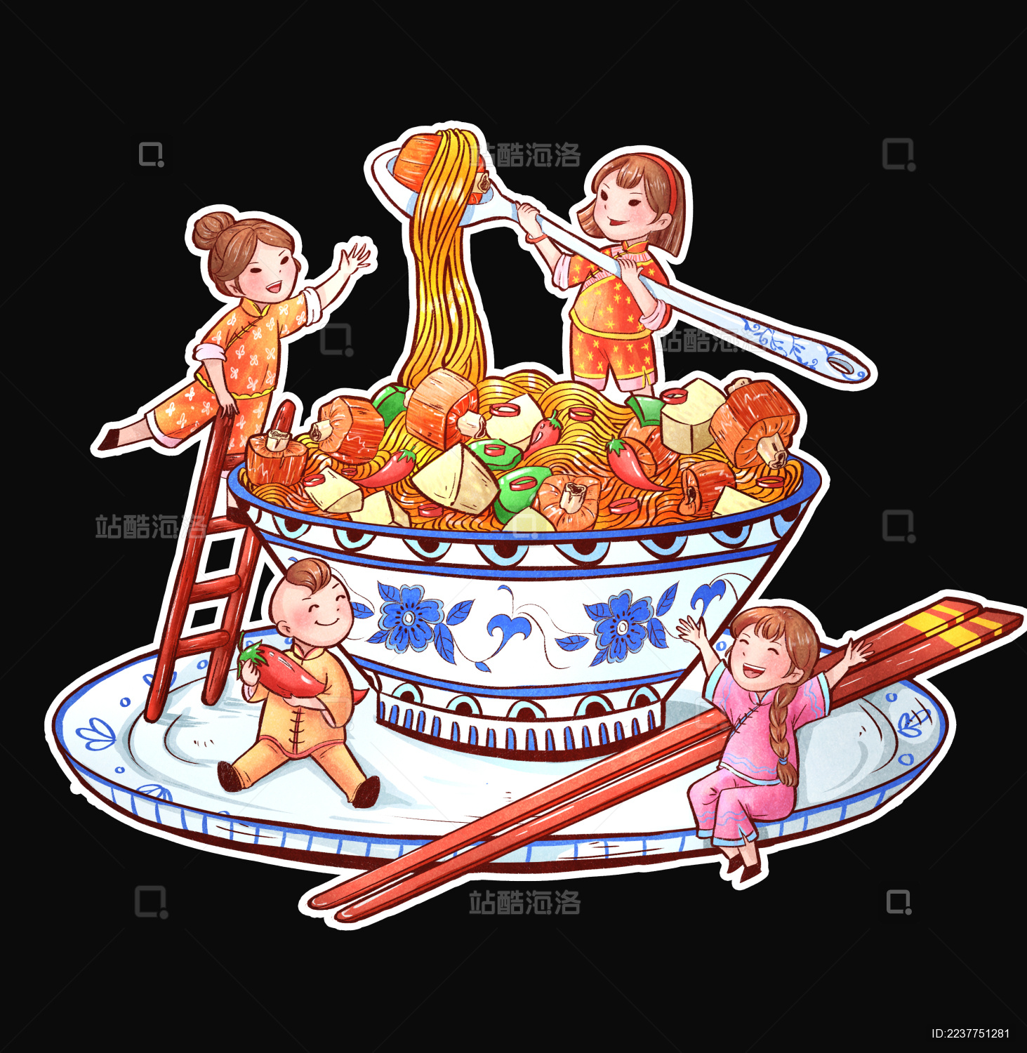 围绕着美味面条的小娃娃们