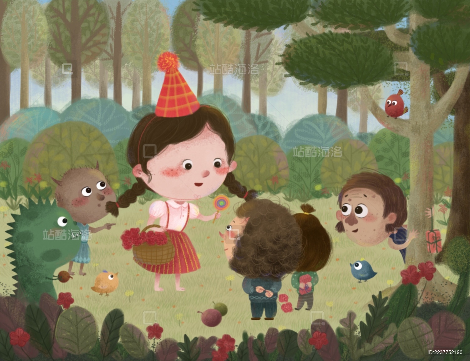 小怪物们在森林中给小女孩送礼物