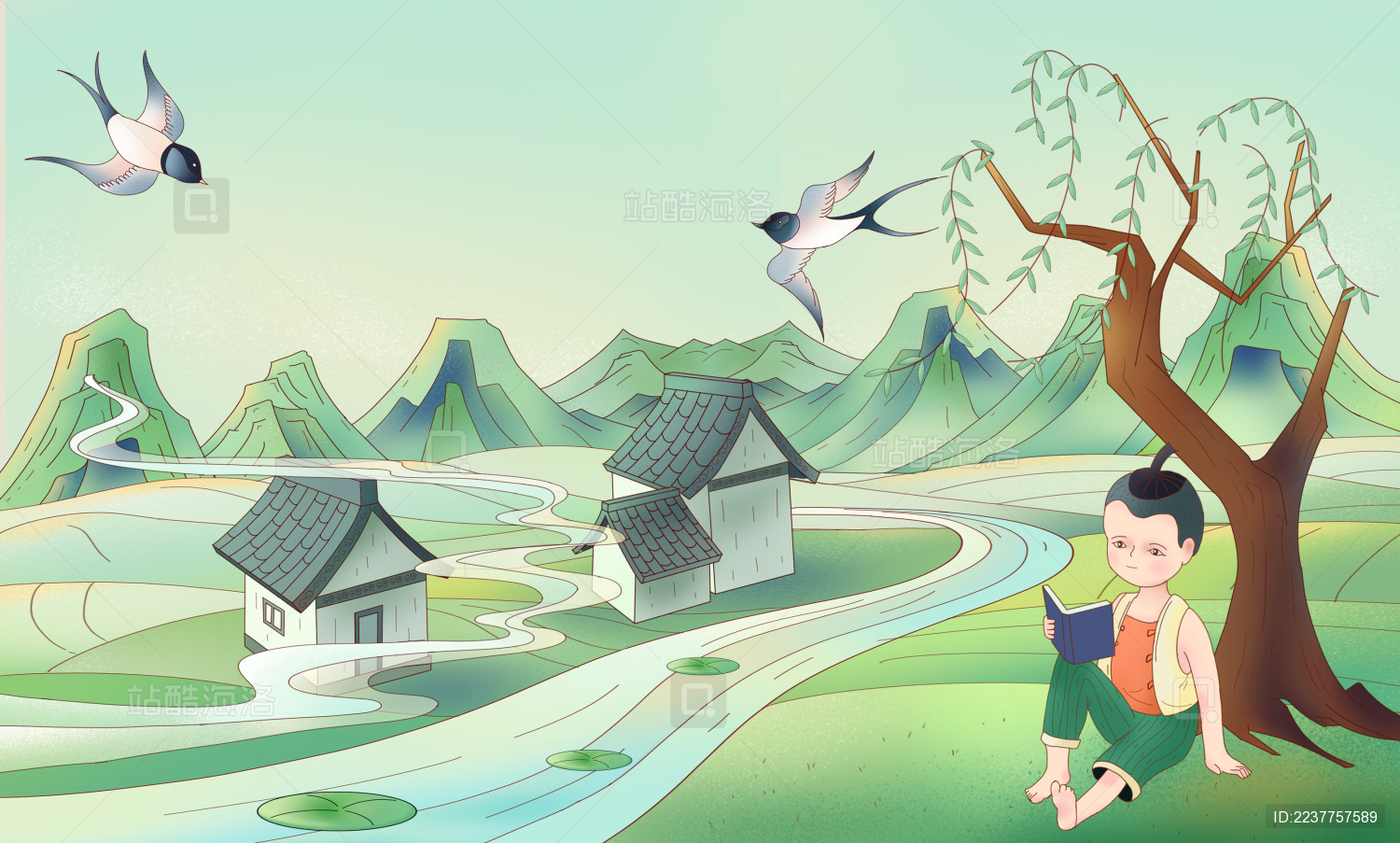 清明节儿童在河边柳树下看书中国风手绘插画