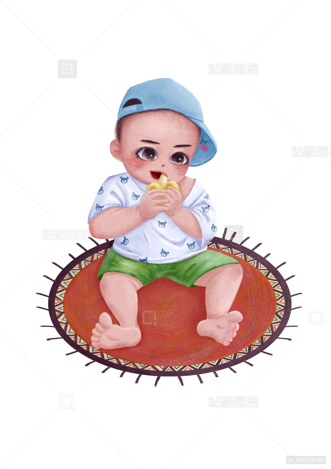 坐在毯子上吃香蕉的宝宝