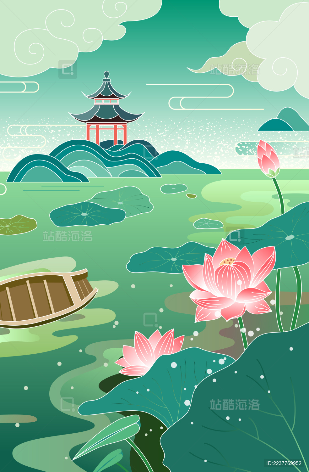 夏季荷花盛开 中国风江南庭院景色