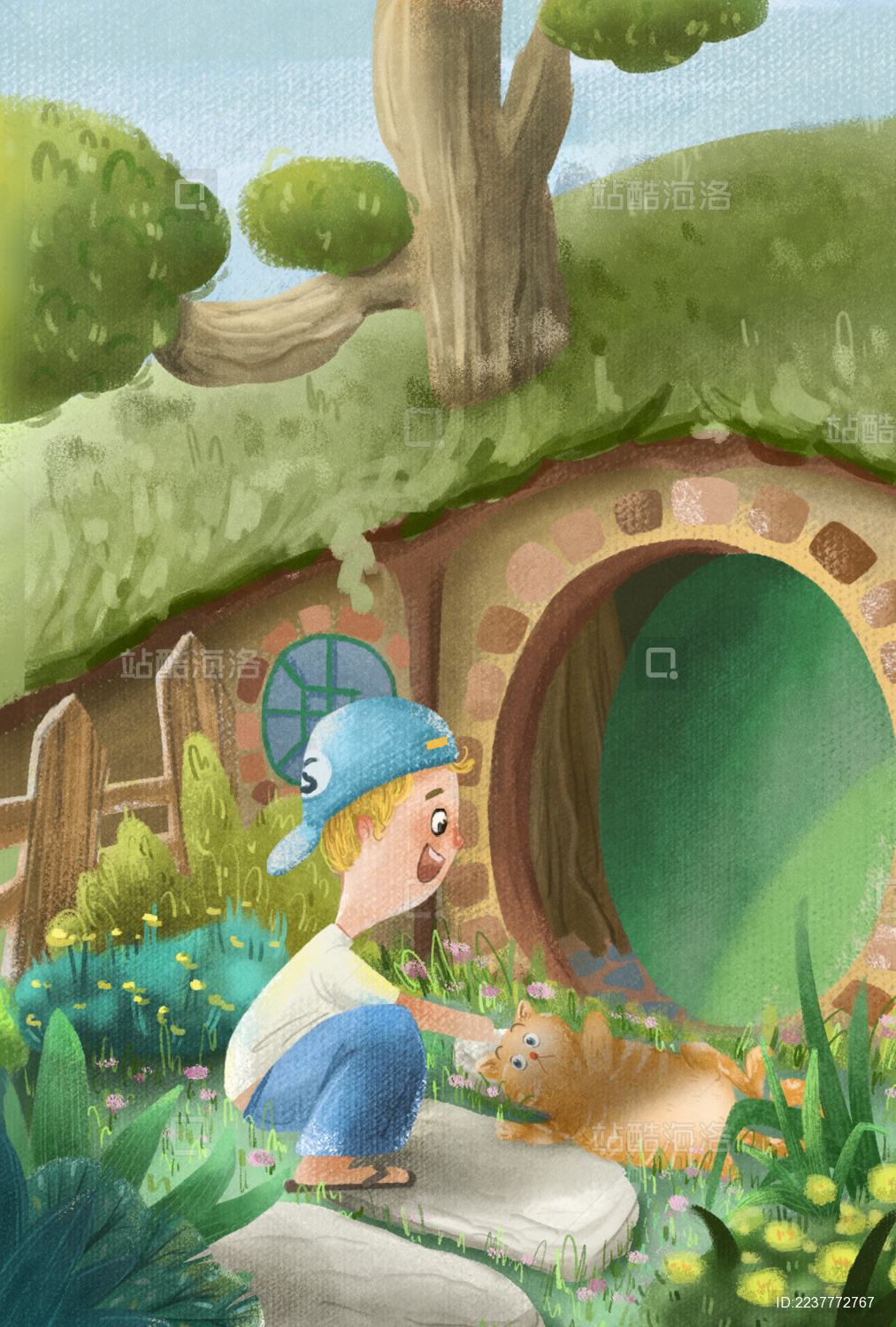 一个在门口花园逗猫的小孩