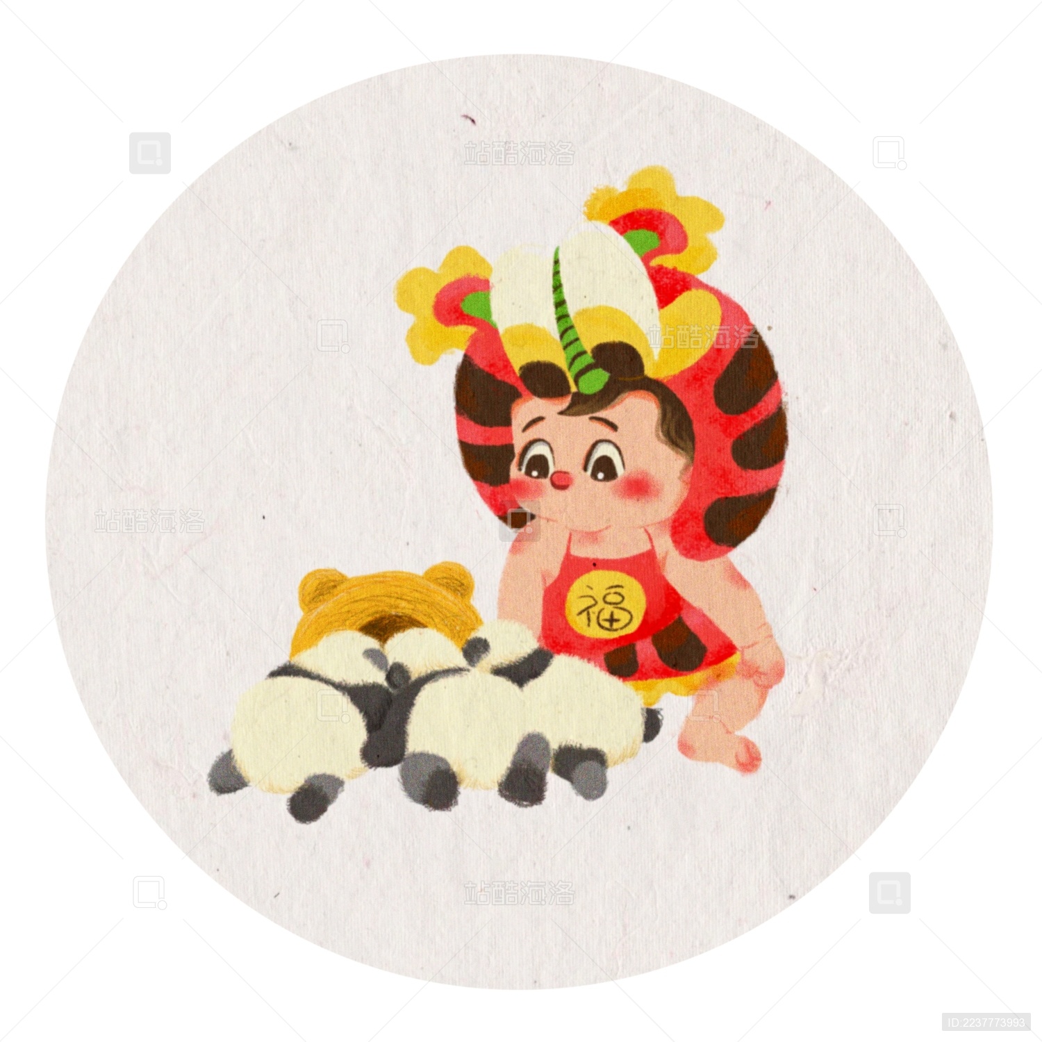 中国风-虎头帽胖娃娃和熊猫