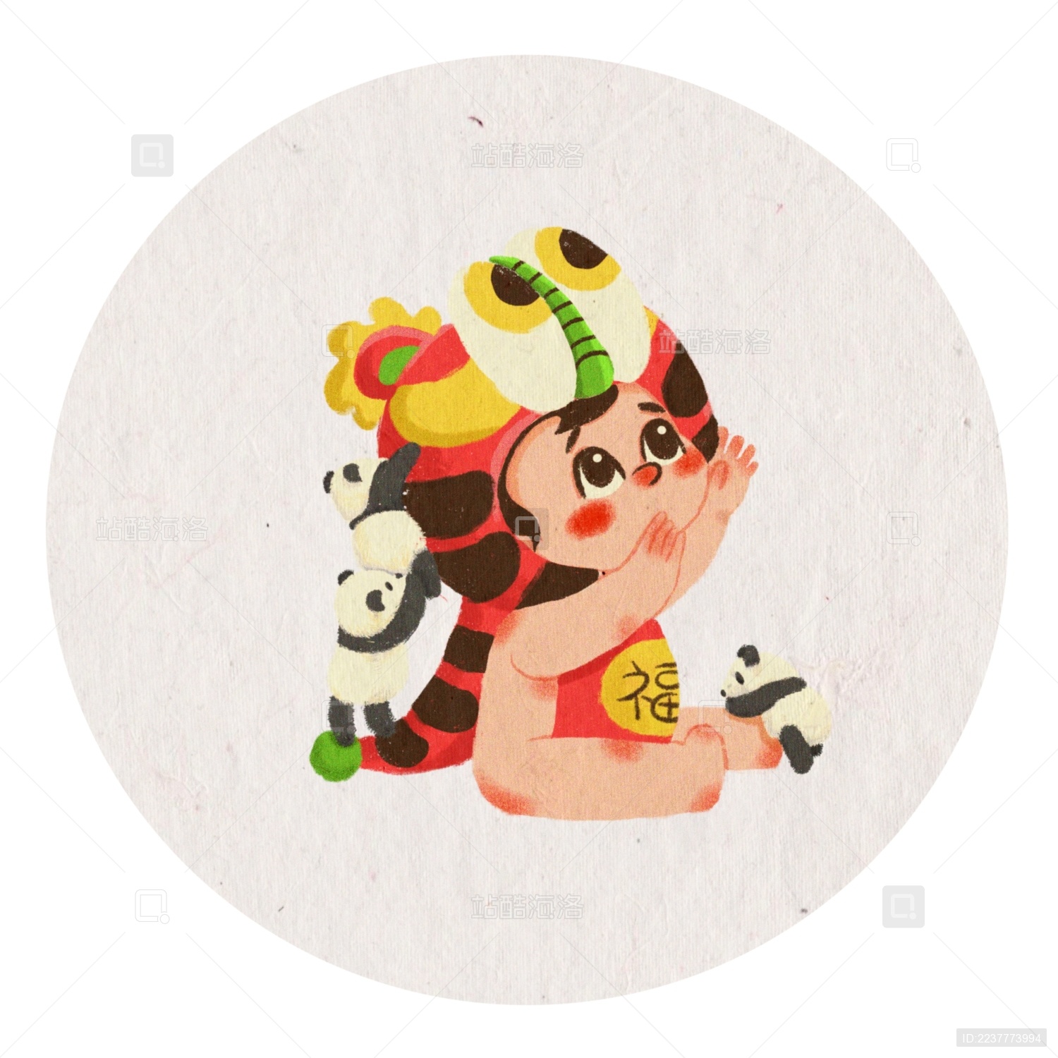 中国风-虎头帽胖娃娃和熊猫