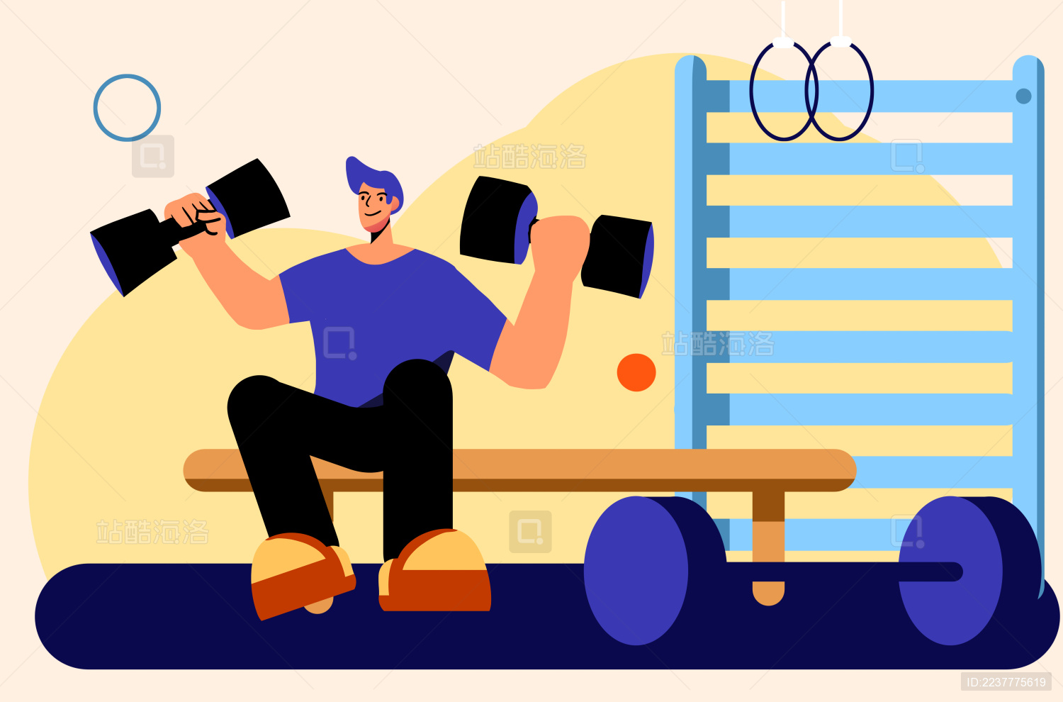  卡通手绘男子健身房健身锻炼插画
