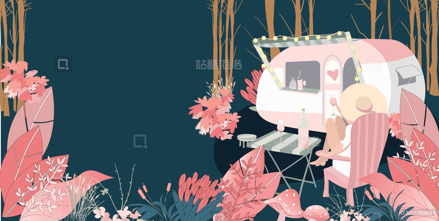 黑色森林里房车边喝着红酒的戴帽子的女孩