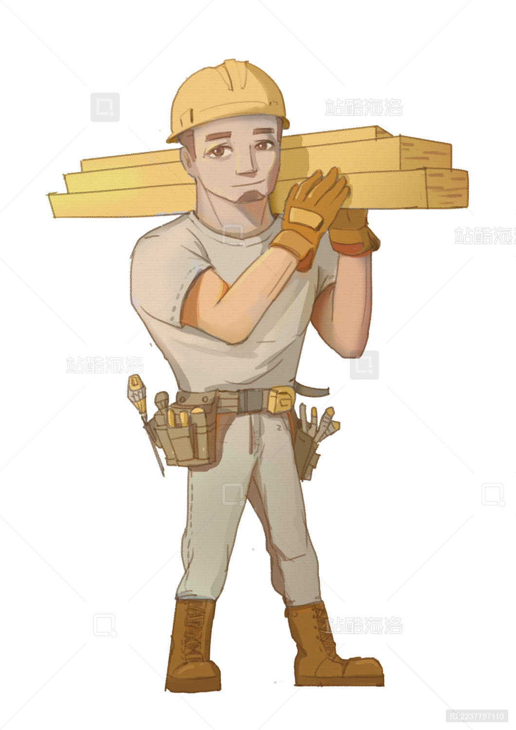 卡通中严肃的灰白头发的男人手里拿着一把斧头，肩上扛着一根木头插画图片素材_ID:350052601-Veer图库