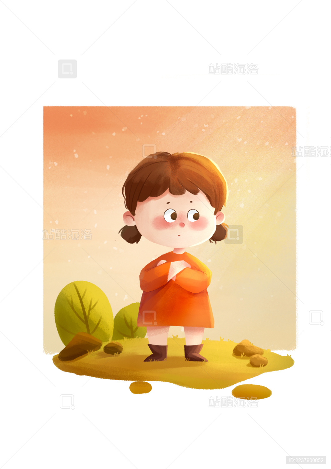 穿橘红色裙子的小女孩