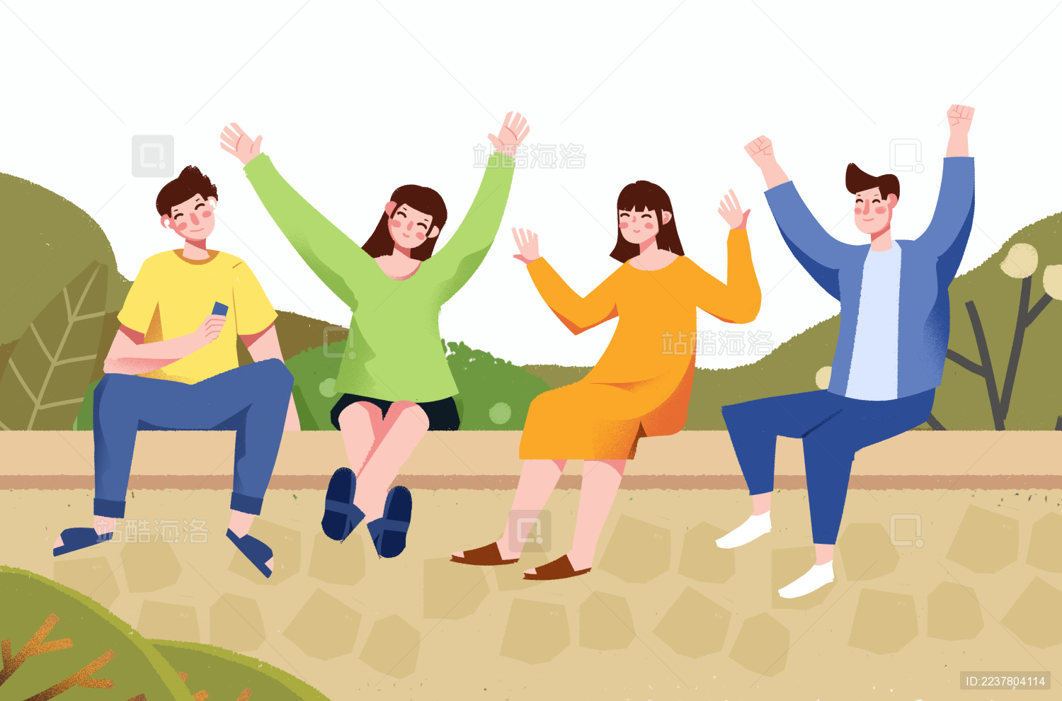 卡通手绘男生女生坐一排插画