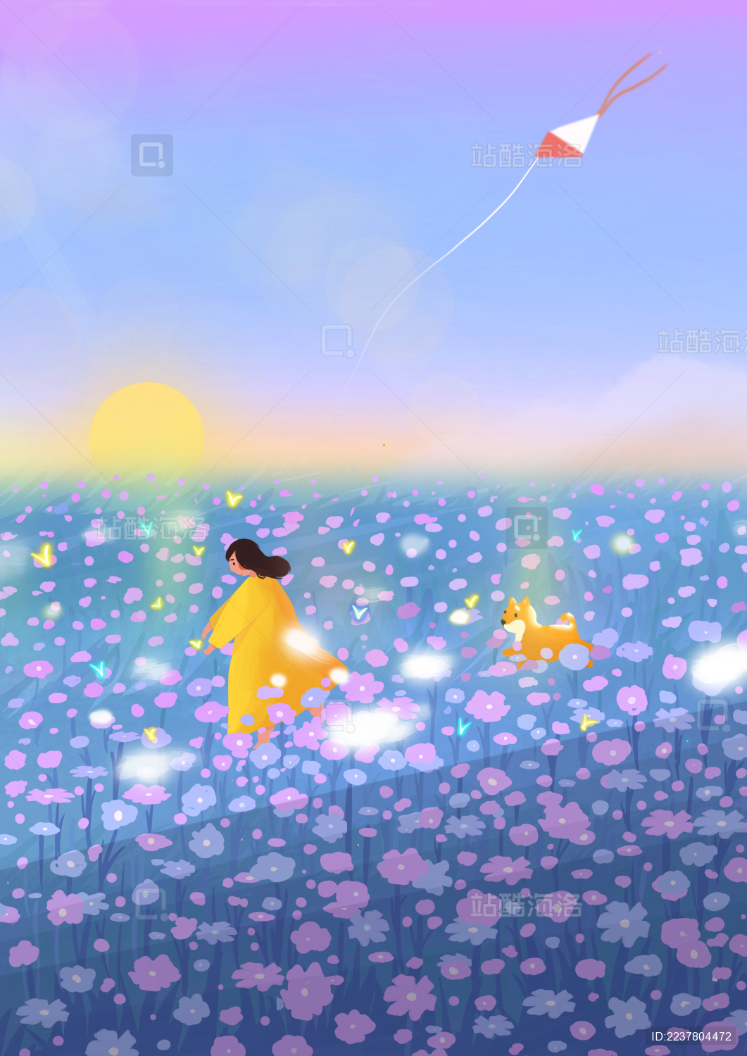 在花田里放风筝的小女孩