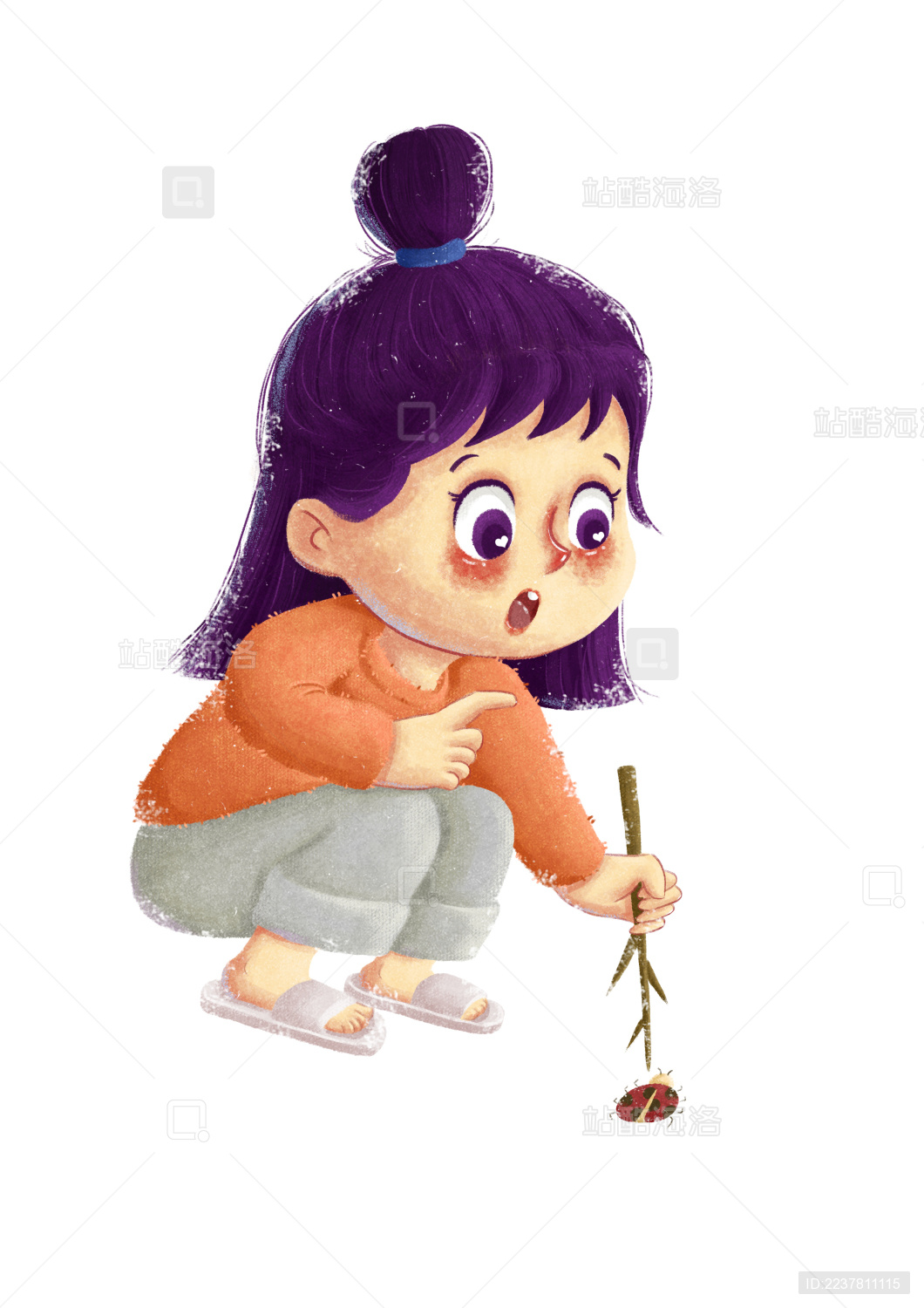 用树枝观察瓢虫的小姑娘