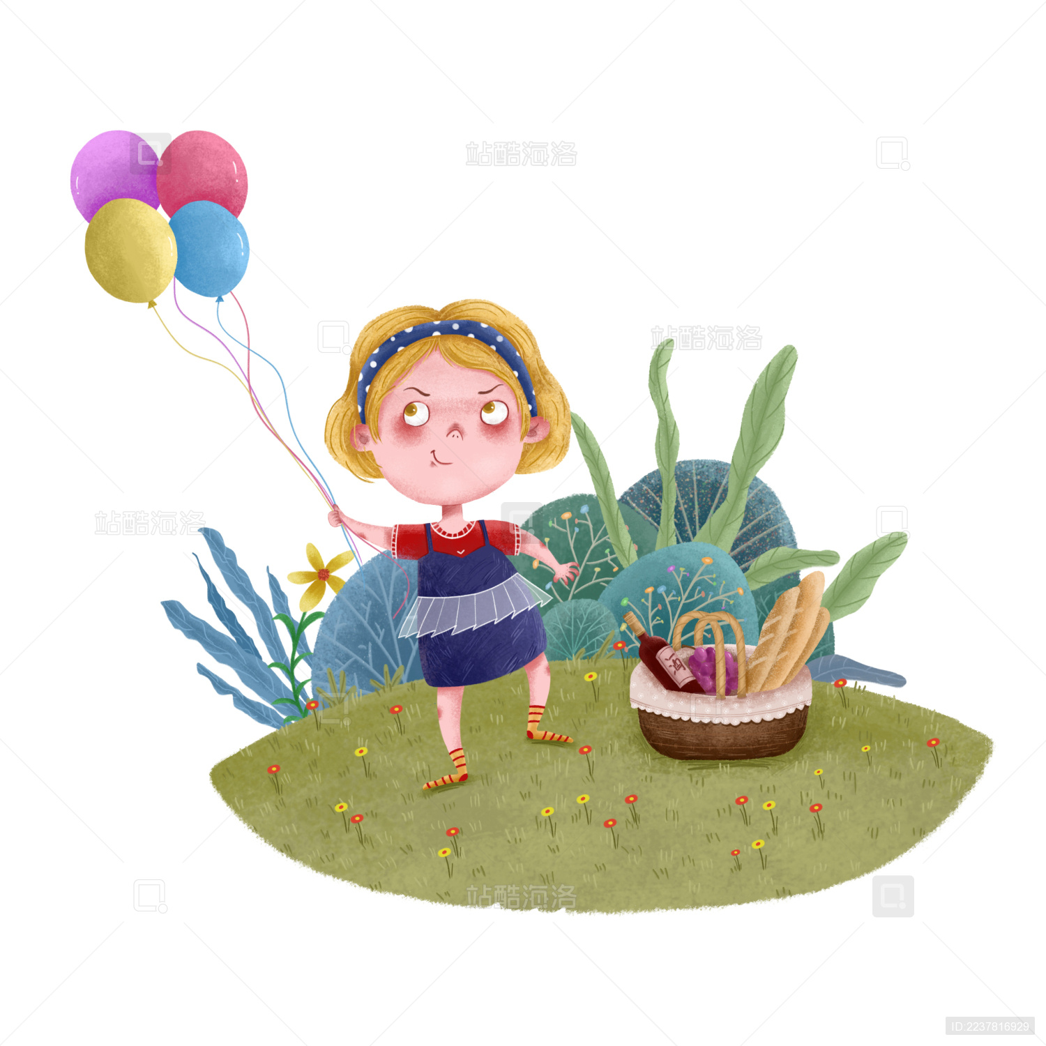 手拿气球在草地野餐的小女孩