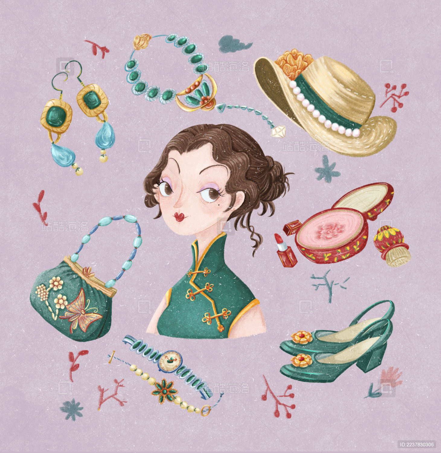 民国风复古女郎小物件 手绘插画