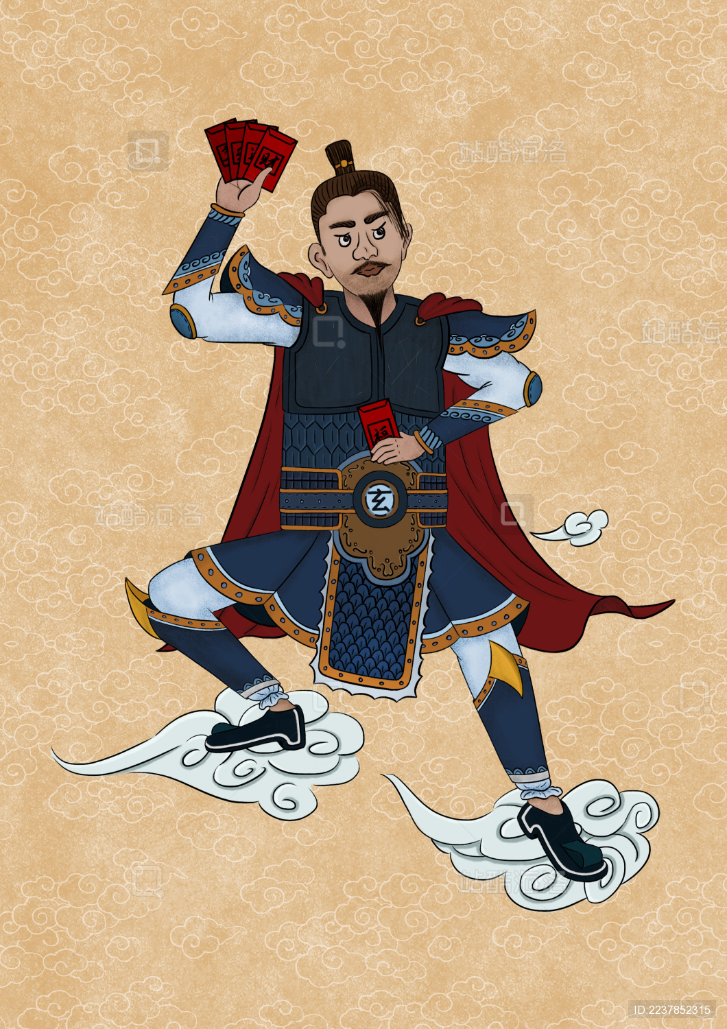 脚踏祥云手拿红包的门神