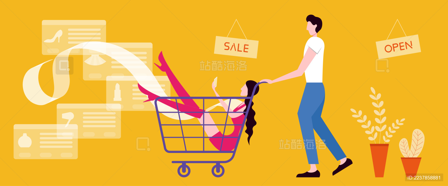 推着女朋友购物的男人