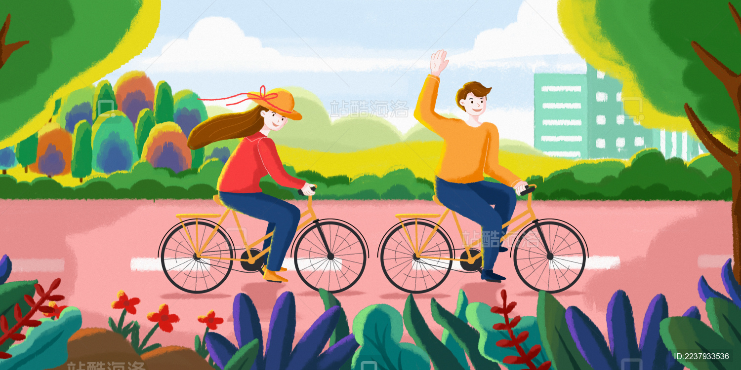 一对男女骑车出行风景插画