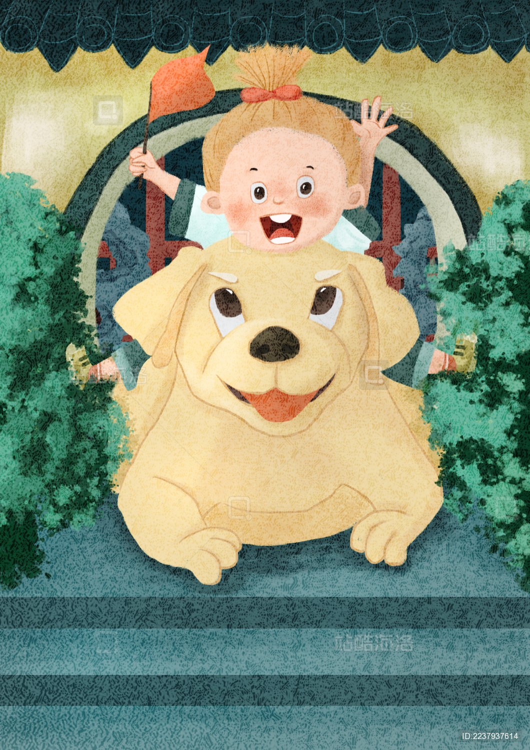 拱形门小院台阶前坐在大狗背上大小女孩