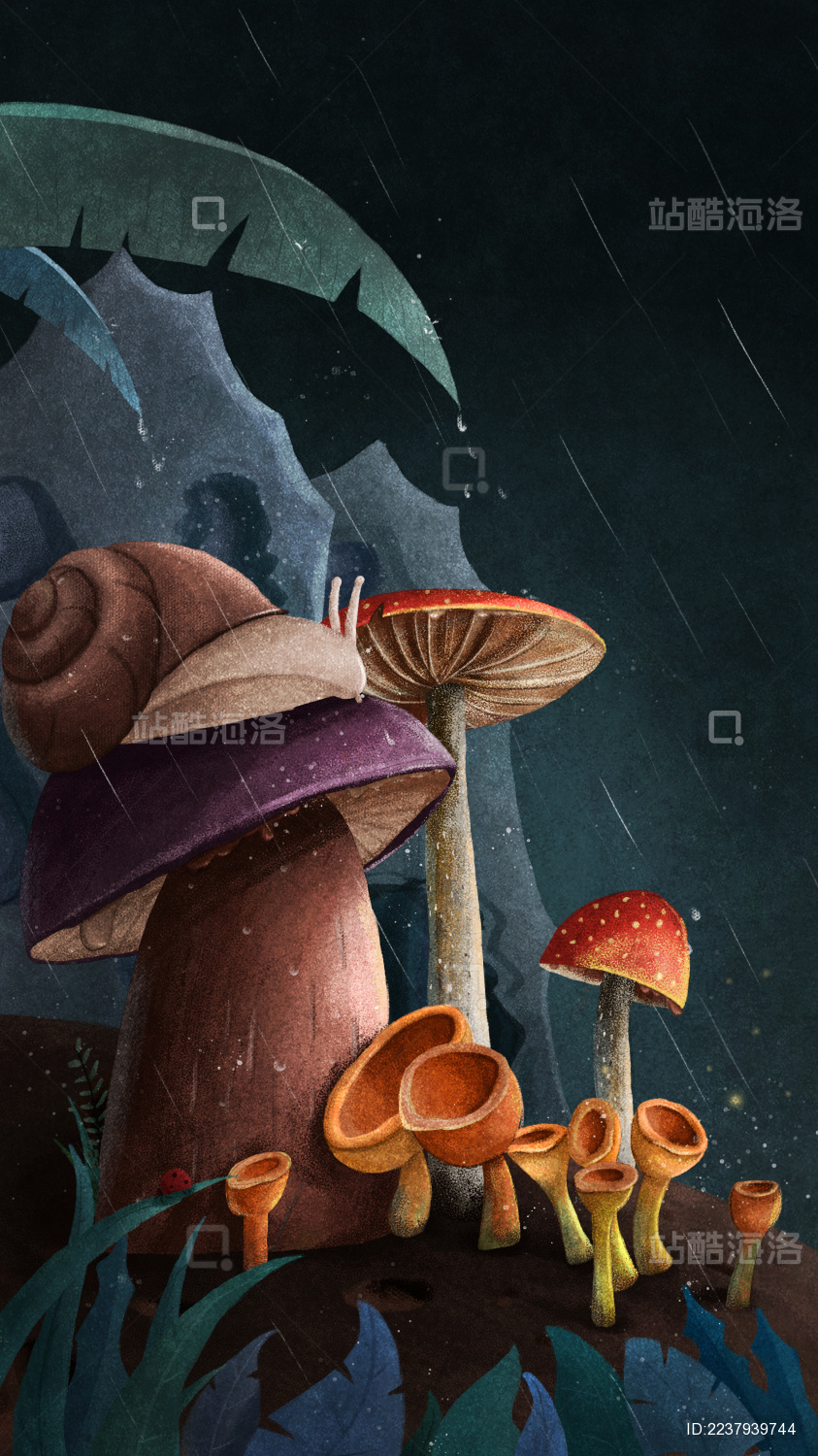 深夜下雨中的丛林植物