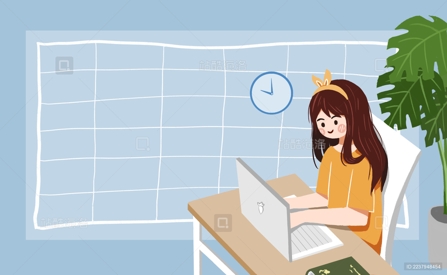 一个坐在桌前使用电脑的女孩 手绘插画