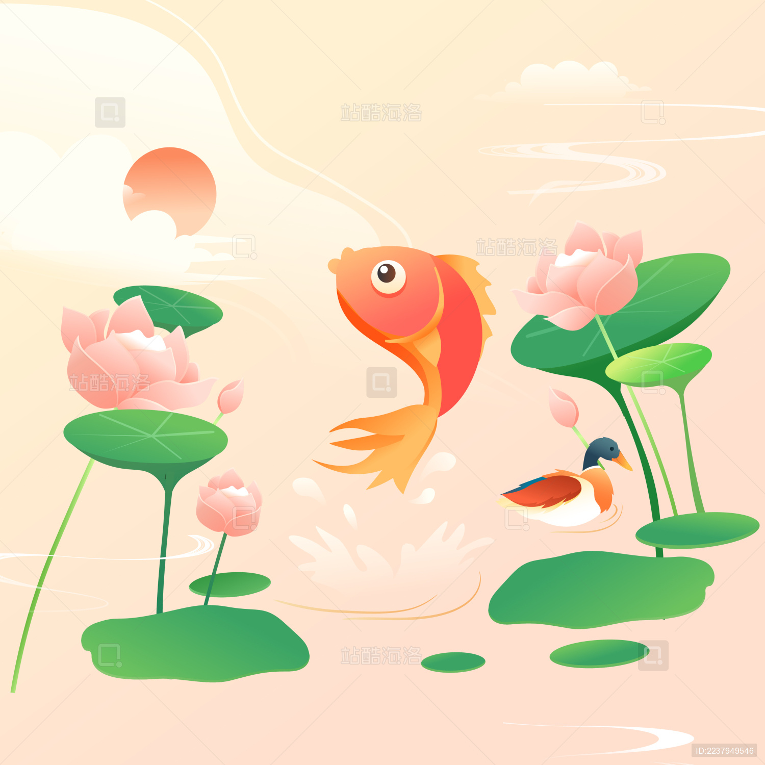 夏季荷塘锦鲤中国风矢量插画