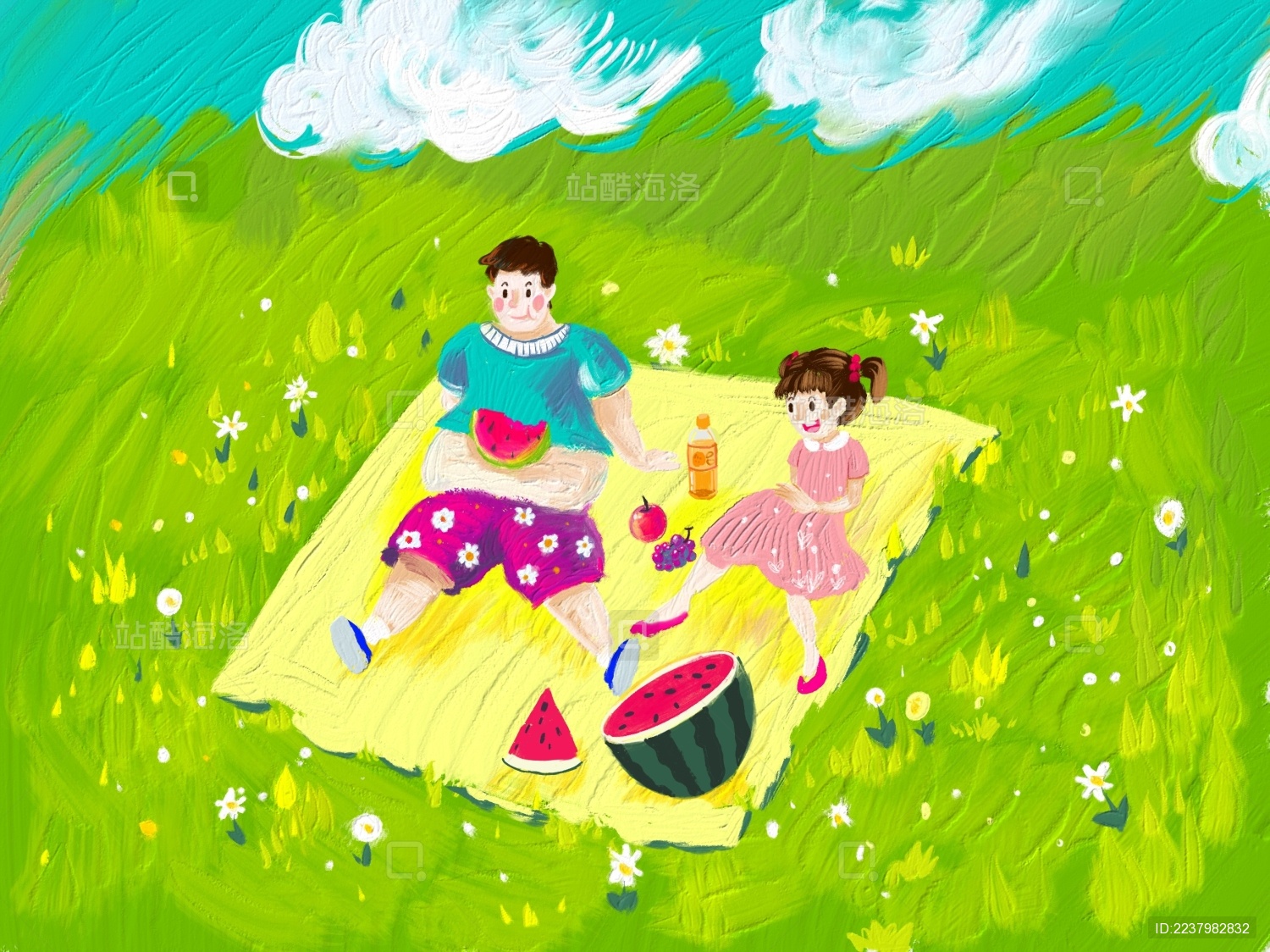 夏日踏青油画风