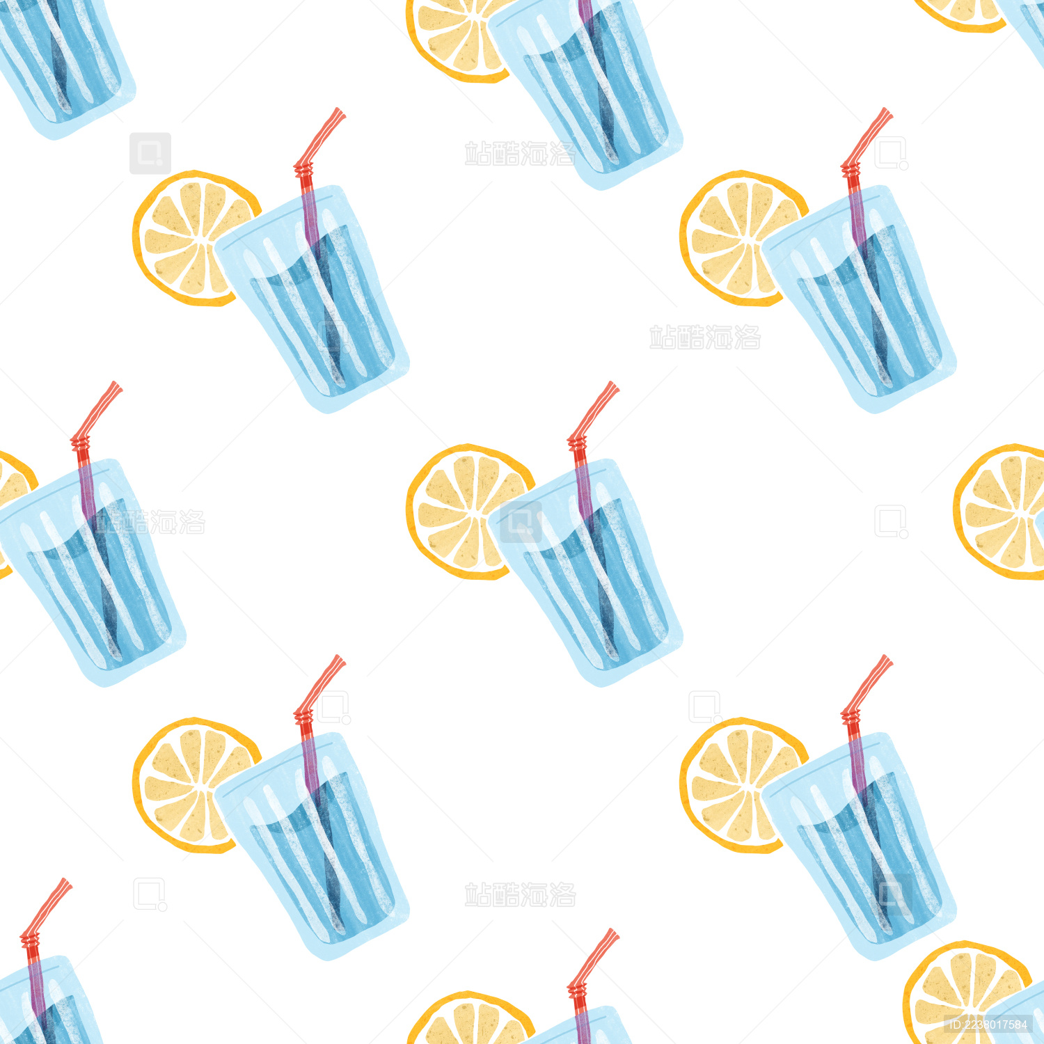 手绘柠檬汁夏日冷饮无缝背景
