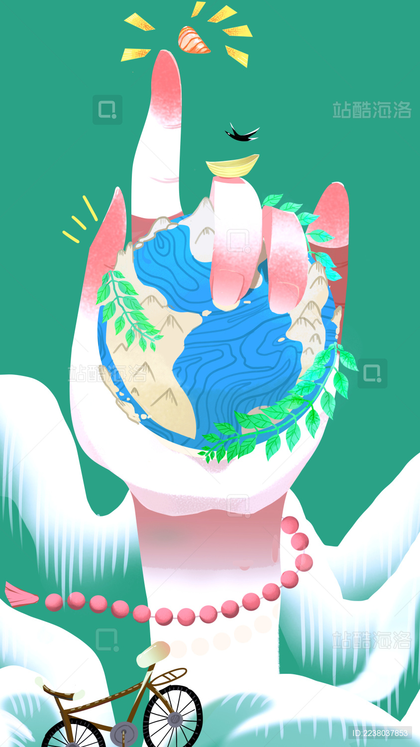 山川间一只巨手握着地球上有小船下有自行车