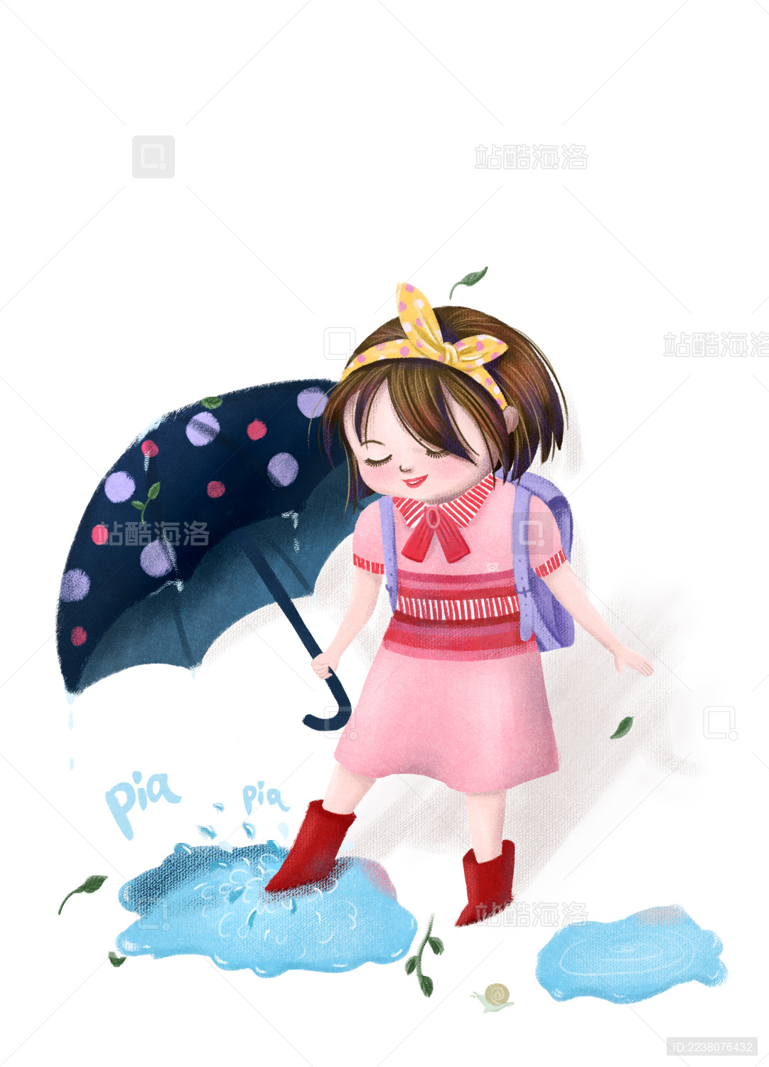 雨后打着伞踩水玩儿的小女孩