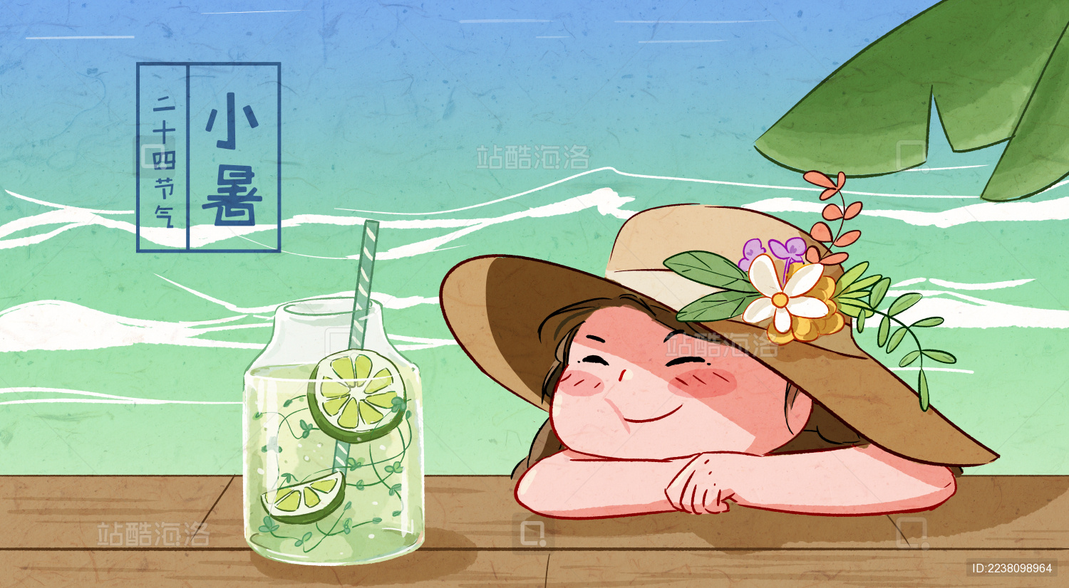 夏日海边汽水日光下的小女孩