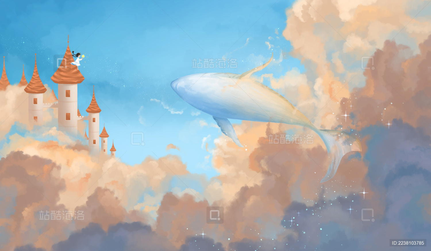 屋顶的女孩望着鲸鱼飞跃在空中横版