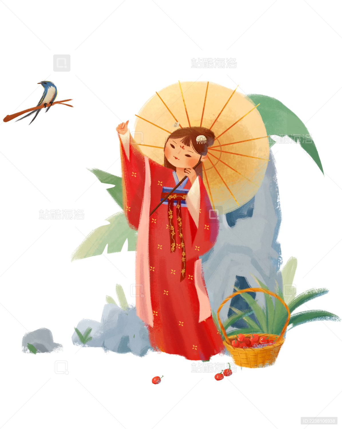 站着的古风少女举着油纸伞看着鸟