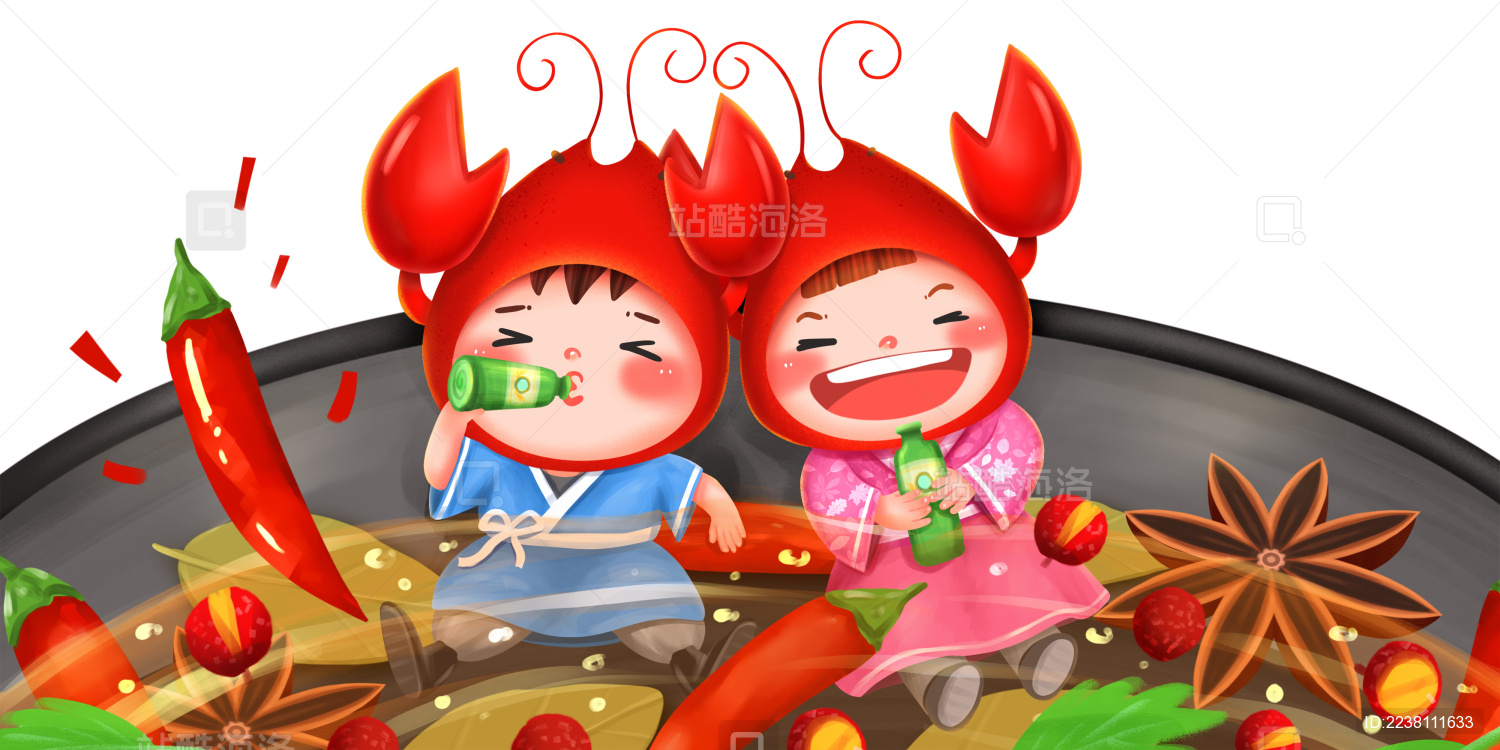 卡通龙虾宝宝喝啤酒插画