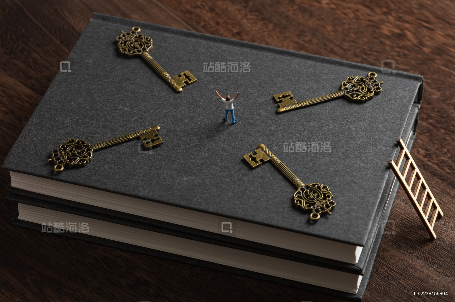 书本阶梯古老的钥匙与欢呼的人